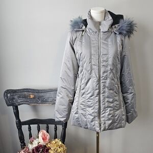 Olsen Europe Detachable Raccoon Fur Trim Long Winter Coat in Silver Size 6